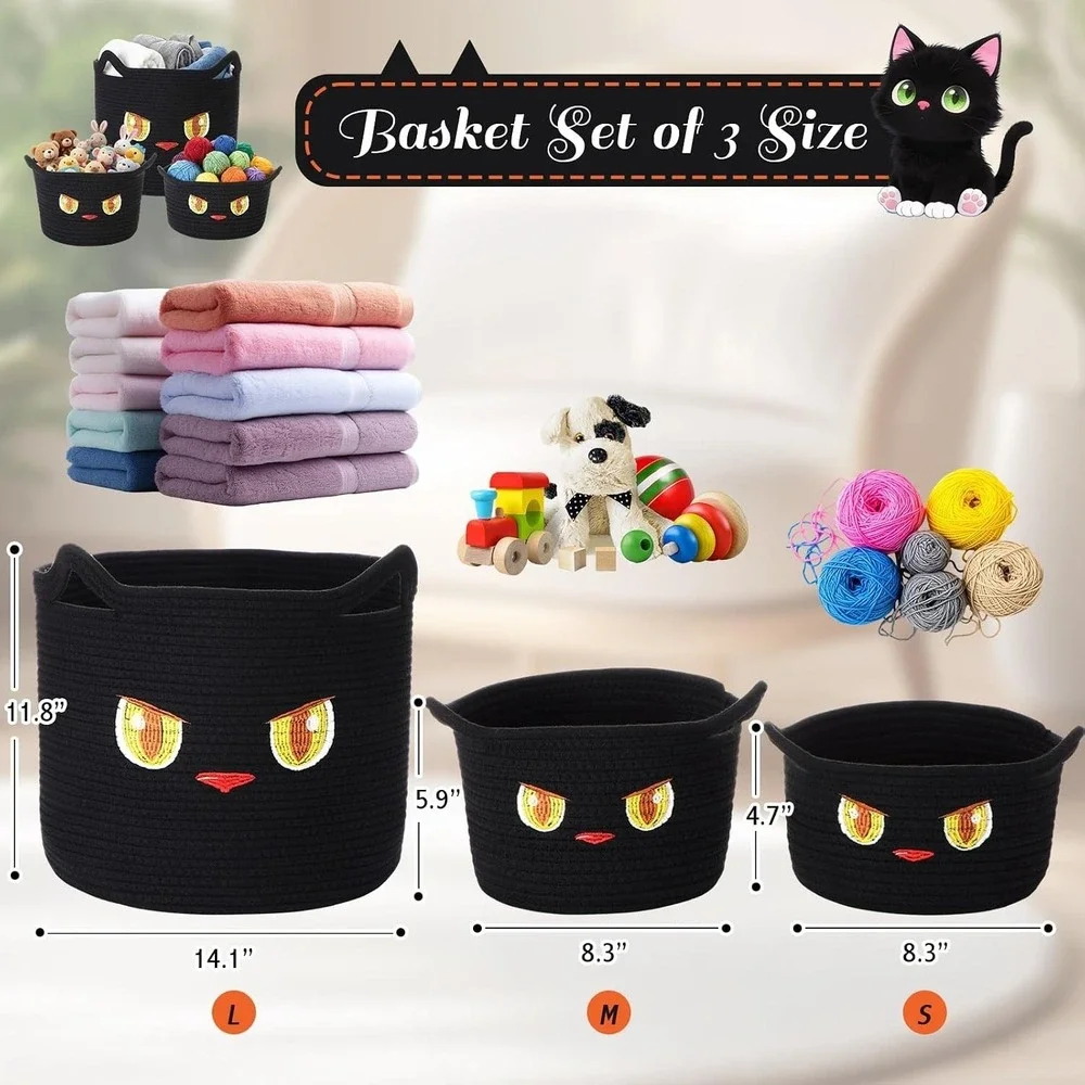 Acellegic 3 Pcs Black Cat Toy Basket with Cute Ears Cotton Rope Woven Baskets
